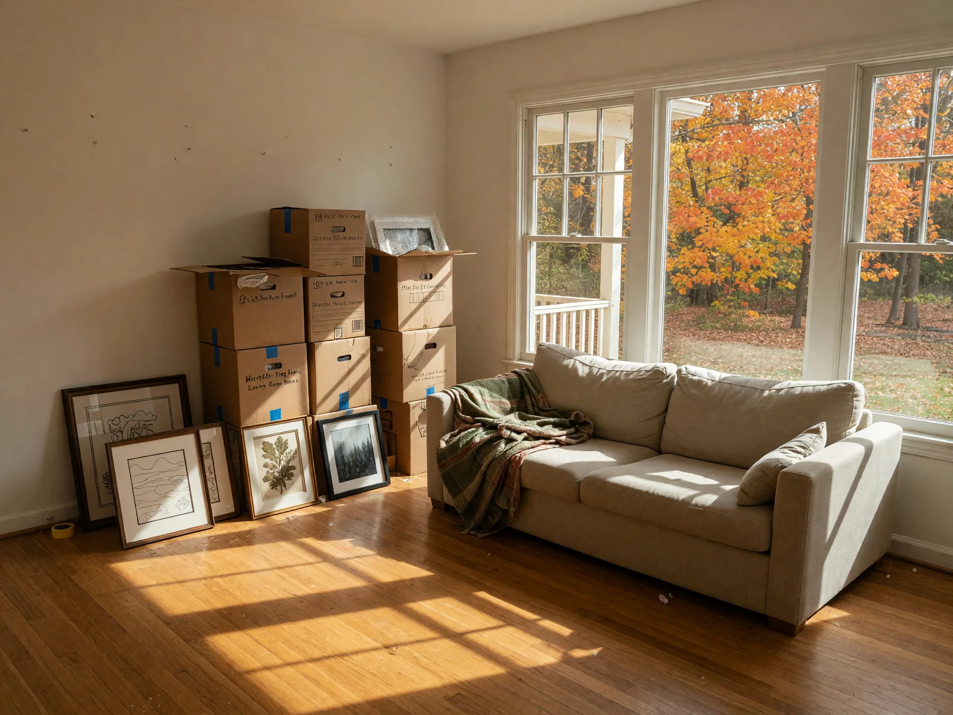 Bright newly moved-in living room in Northwest Indiana with neatly stacked moving boxes beside a beige sofa and warm afternoon sunlight on hardwood floors