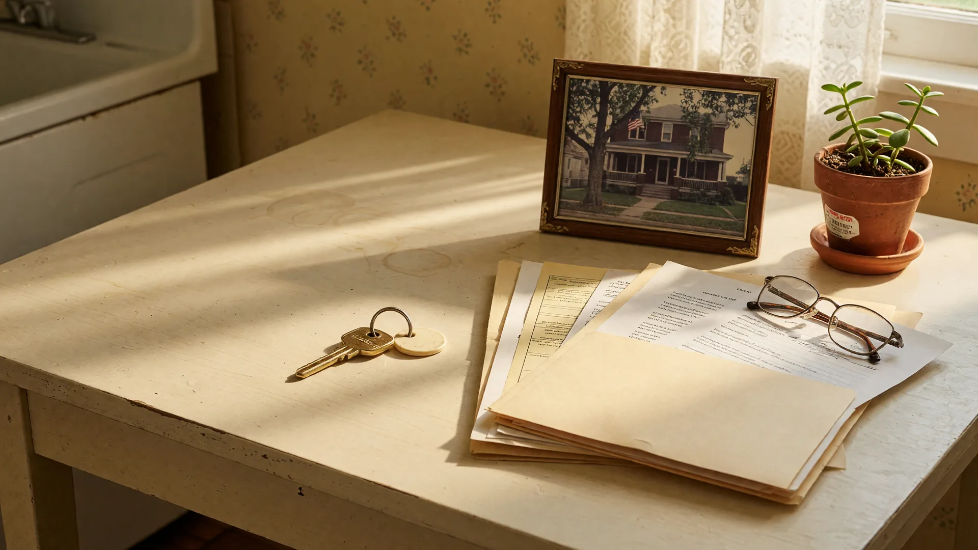 A warm still-life photograph of a house key, an open folder of estate documents, reading glasses, a framed photograph of a family home, and a small potted plant on a sunlit kitchen table