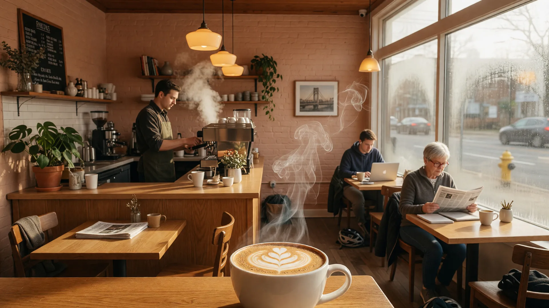 Cozy coffee shop interior in Fort Lee New Jersey with a barista making espresso and natural light streaming through a front window