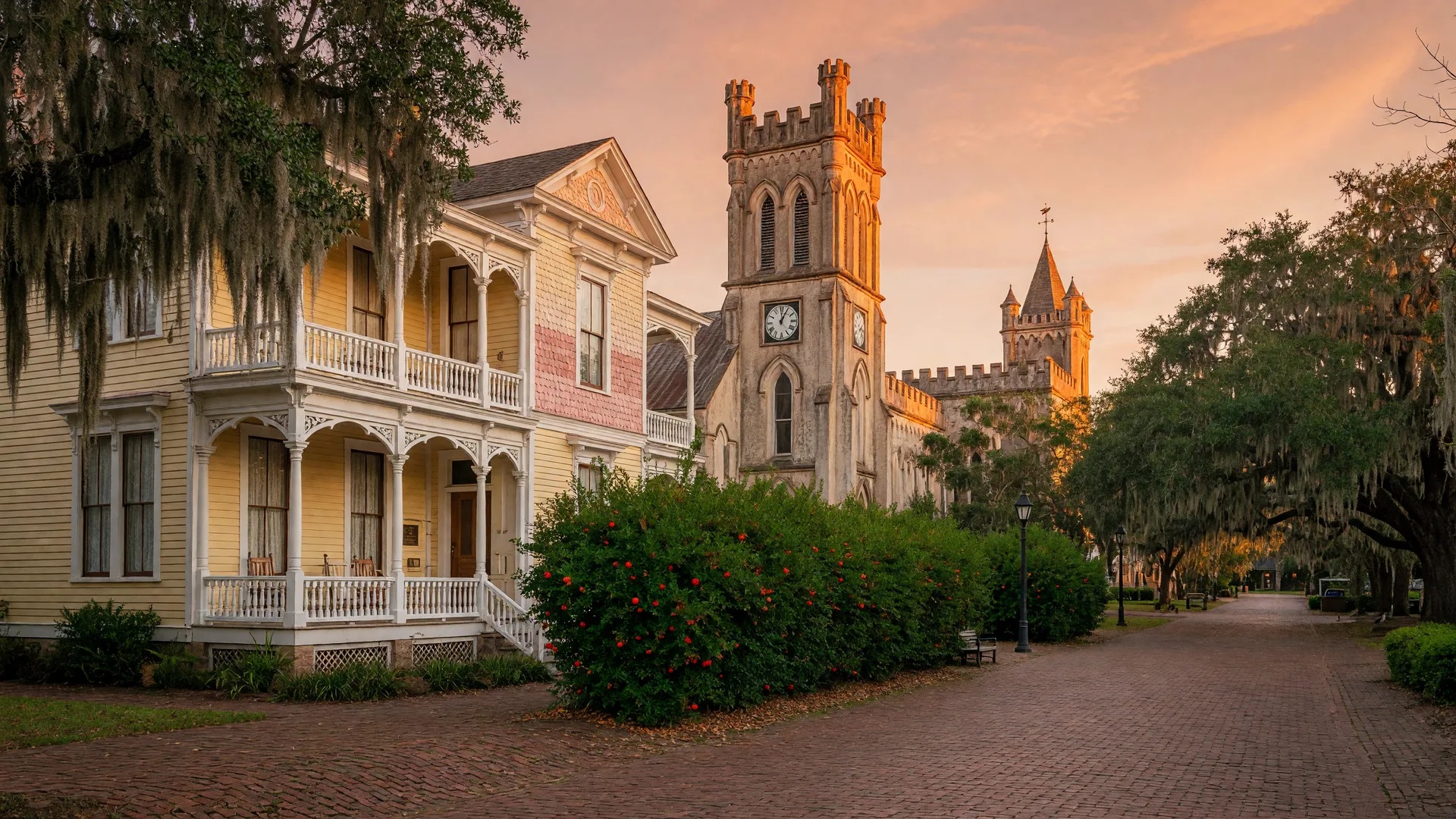 A warm editorial photograph of Pensacola's Seville Square Historic District at golden hour, with the white-columned Dorr House and the crenellated red-brick Old Christ Church tower beneath live oaks draped in Spanish moss.