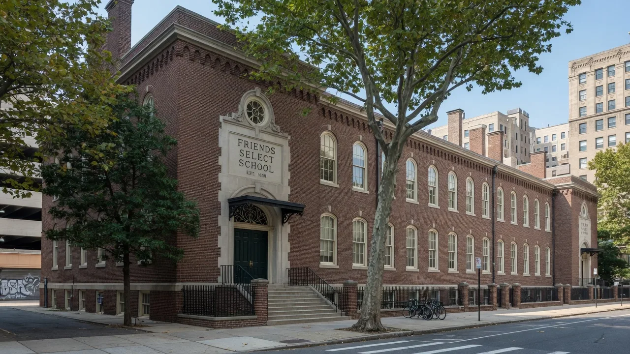 Penn Wynne Elementary School brick building with American flag and playground