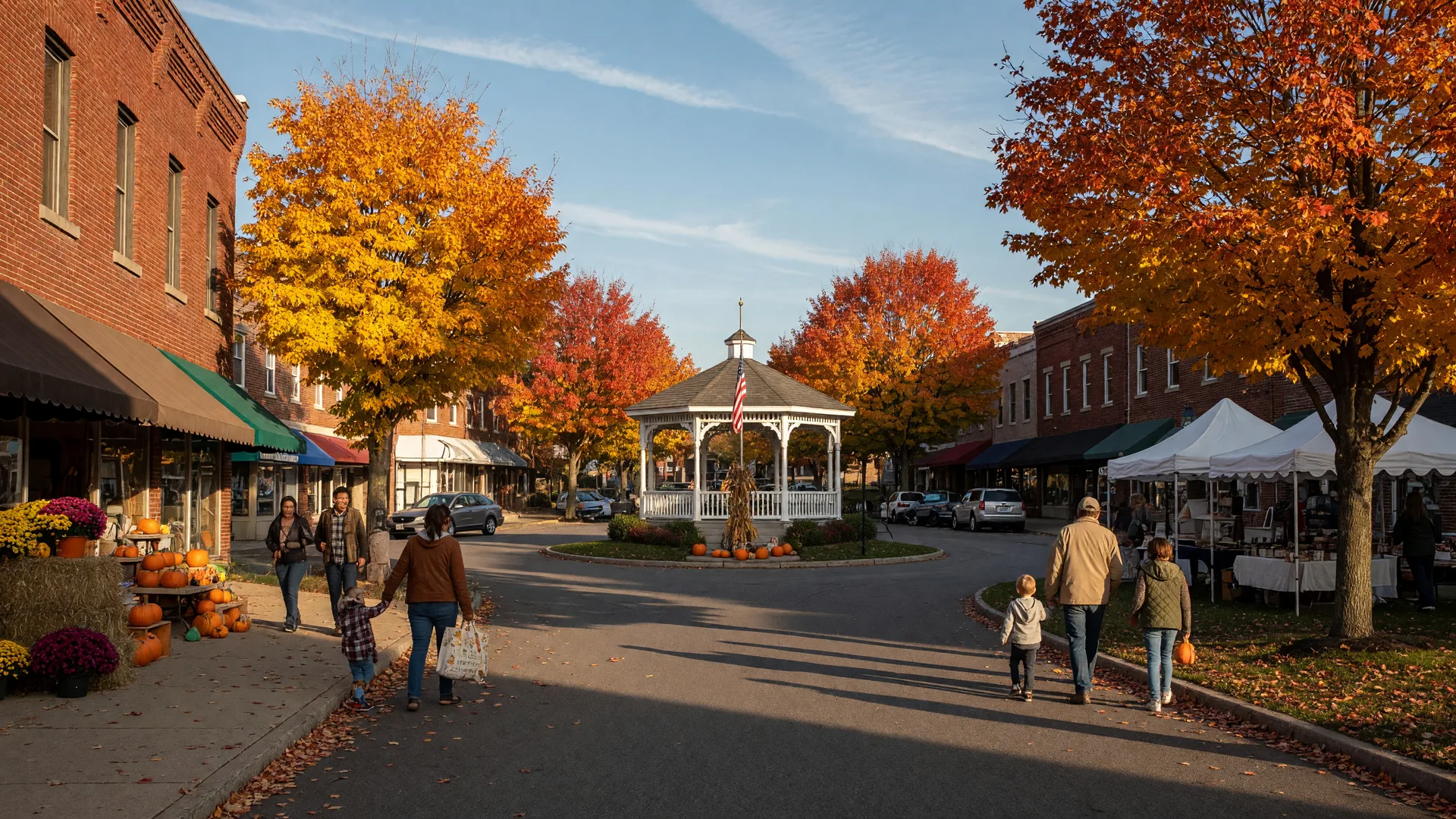A small Pennsylvania borough main street in mid-October, a town circle with a bandstand, maples in full gold and crimson, pumpkins and mums outside brick storefronts, white market canopies and families strolling in warm late-afternoon light