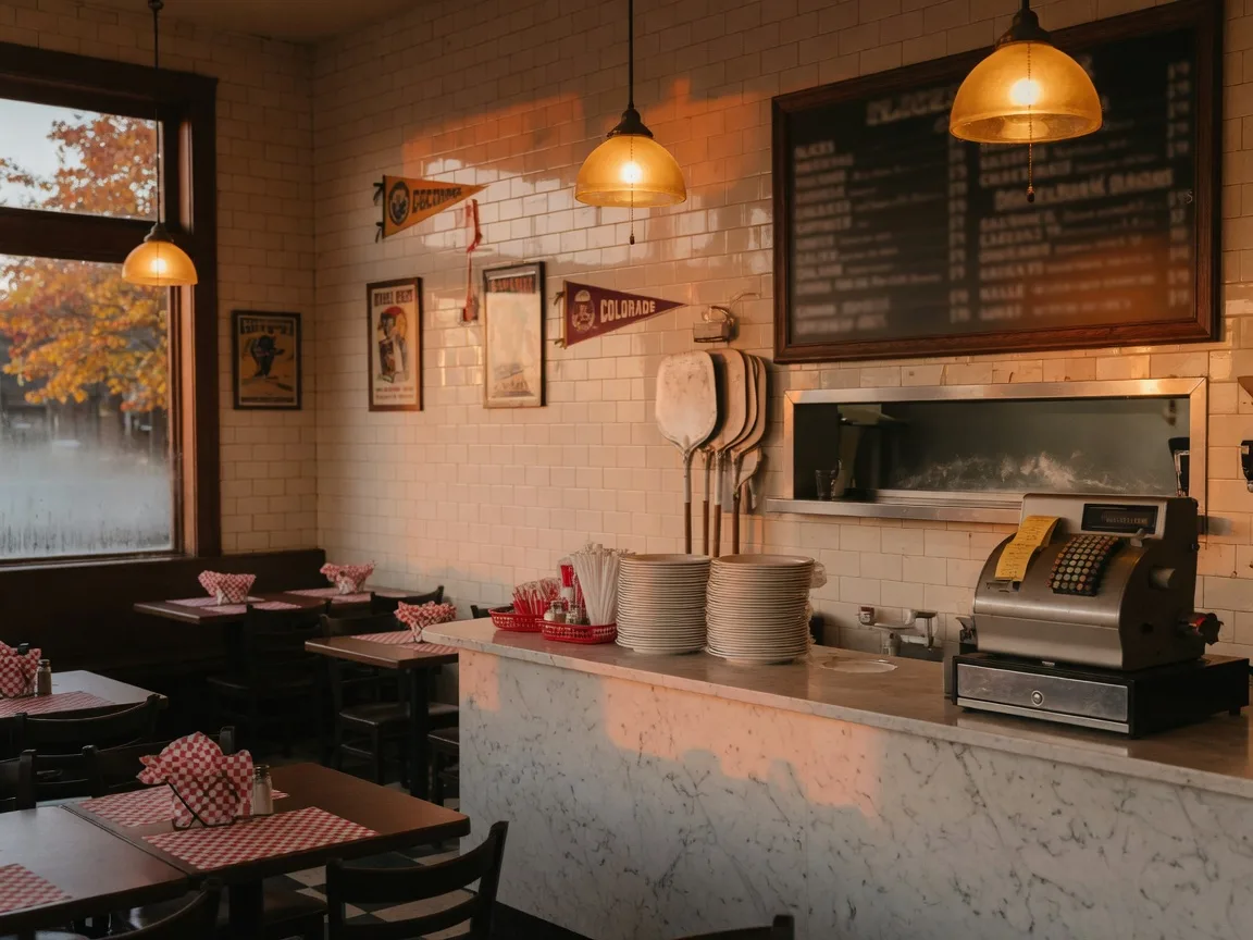 The cozy old-world interior at Rosalee's Pizzeria in downtown Longmont, Colorado