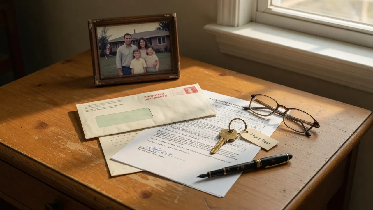 A thoughtful still-life photograph of a mortgage statement envelope, a printed loan document, a brass house key, reading glasses, and a framed family photo on a wooden desk