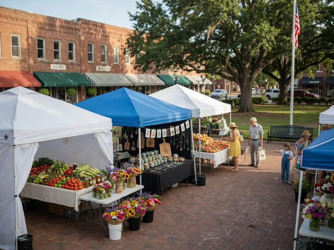 Farmers and artisans market in Fort Mill's historic town square on a Saturday morning