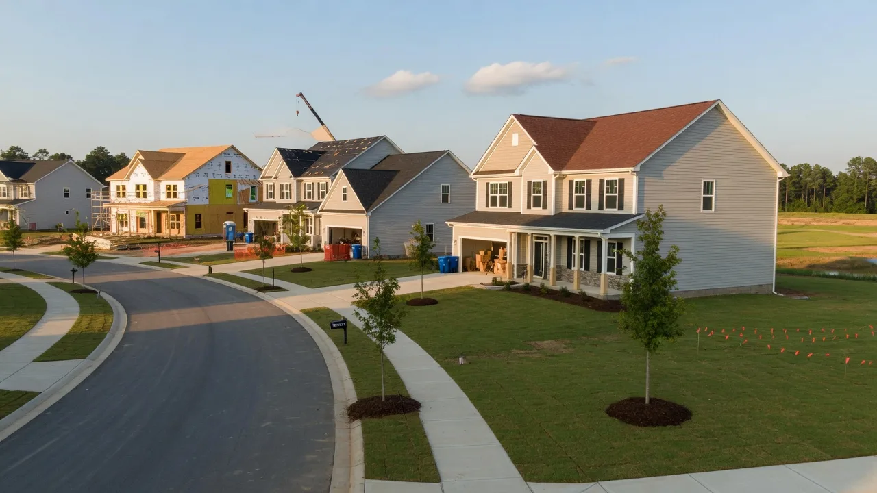 Newly built single-family homes in a new Columbia, SC Midlands neighborhood on a late summer afternoon