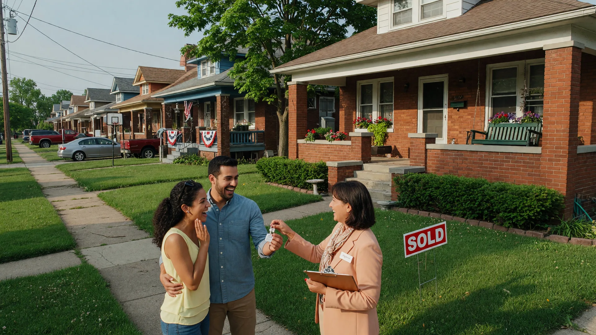 A young couple receiving house keys from a real estate agent in front of their new brick bungalow in a Dayton Ohio neighborhood with a sold sign in the yard
