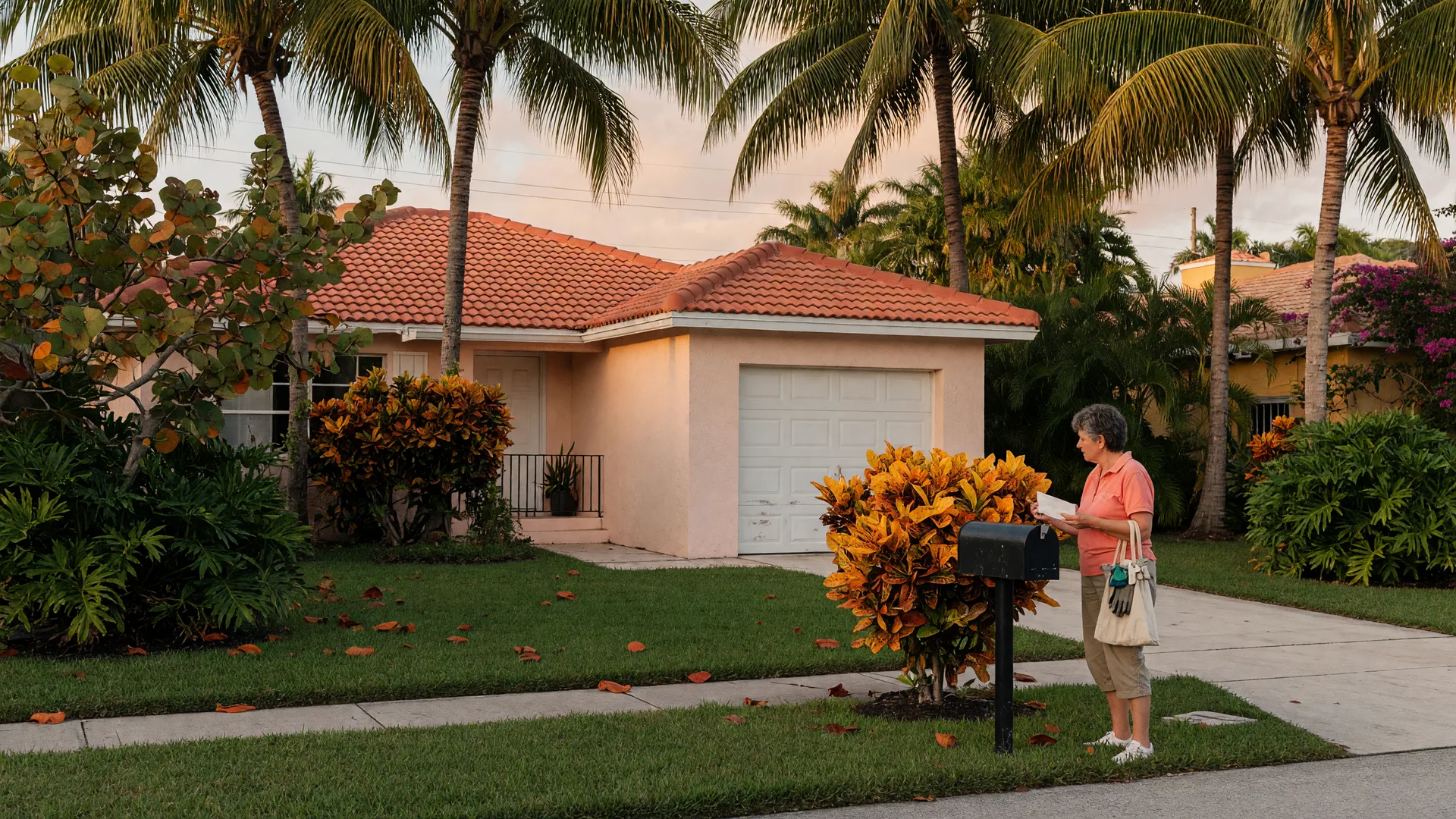 Quiet South Florida suburban street in autumn with a stucco home, palm trees, and a homeowner checking mail at the curbside mailbox