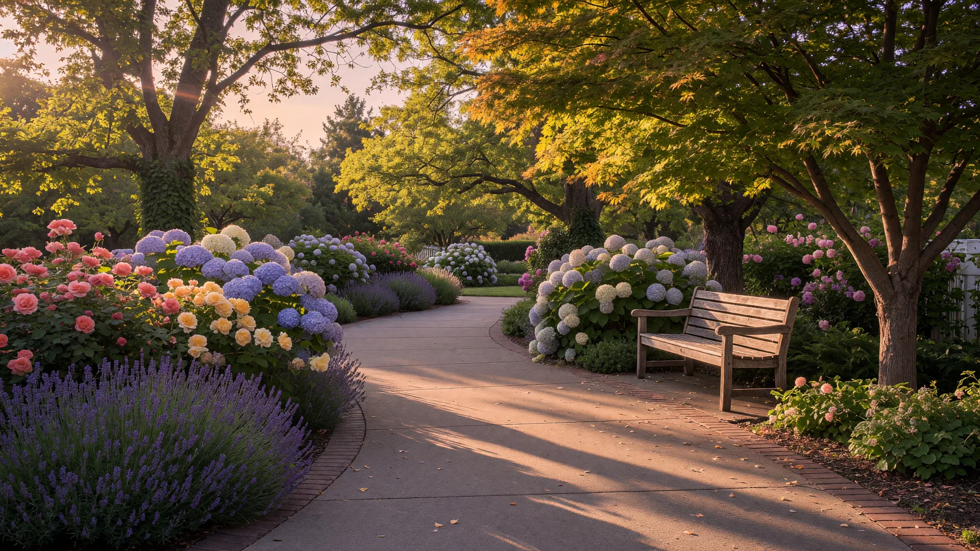 Peaceful garden path at a senior living community in warm afternoon light
