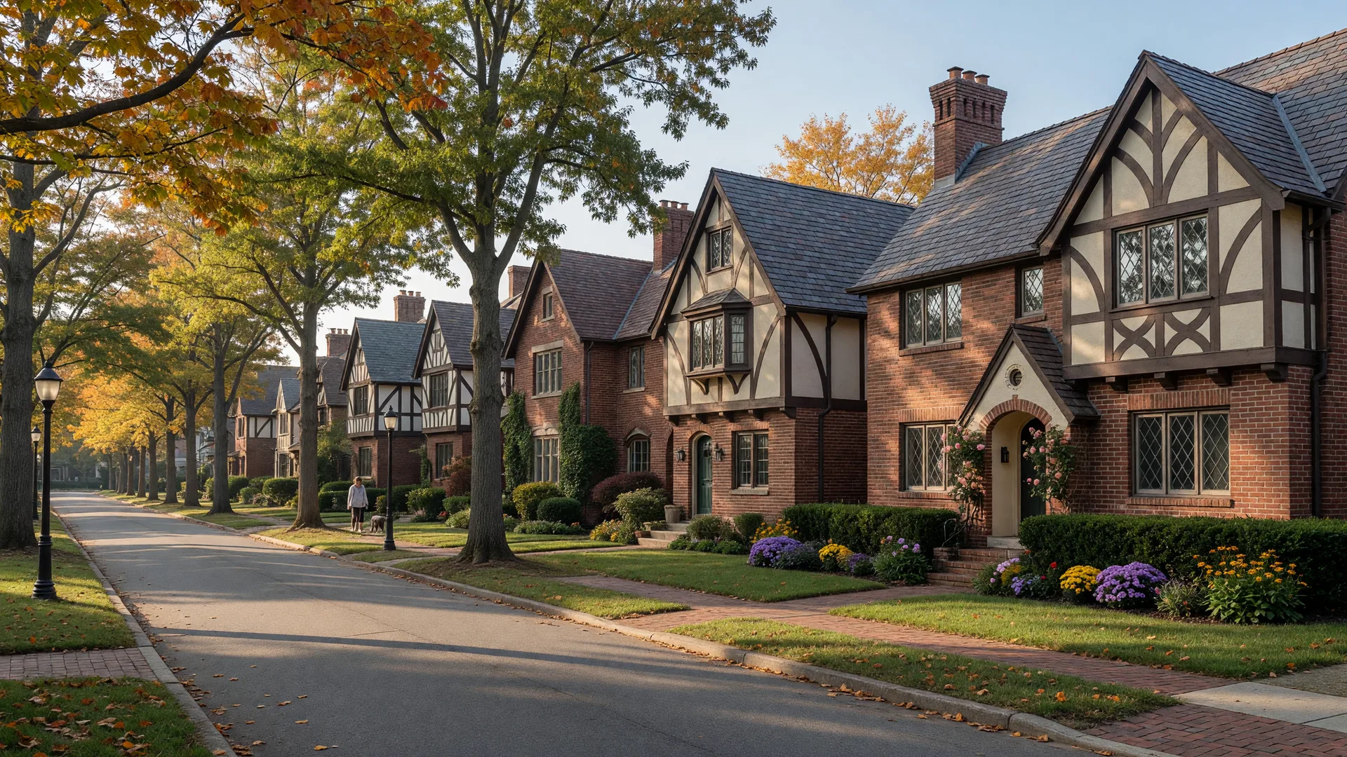 Historic English cottage and Tudor-style brick homes on a tree-lined street in Hilton Village, Newport News