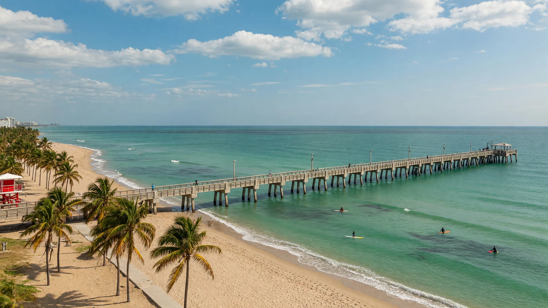 The long Deerfield Beach fishing pier extending over turquoise Atlantic water with palm-lined sand and clear sky