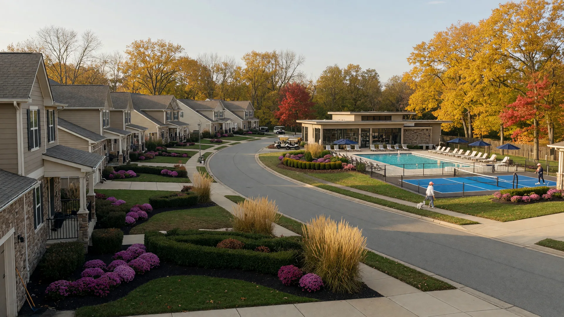 An upscale 55+ active-adult community in the Indianapolis suburbs on a bright autumn afternoon, with single-level ranch homes, landscaped courtyards, a clubhouse and resort pool, and trees turning gold and orange
