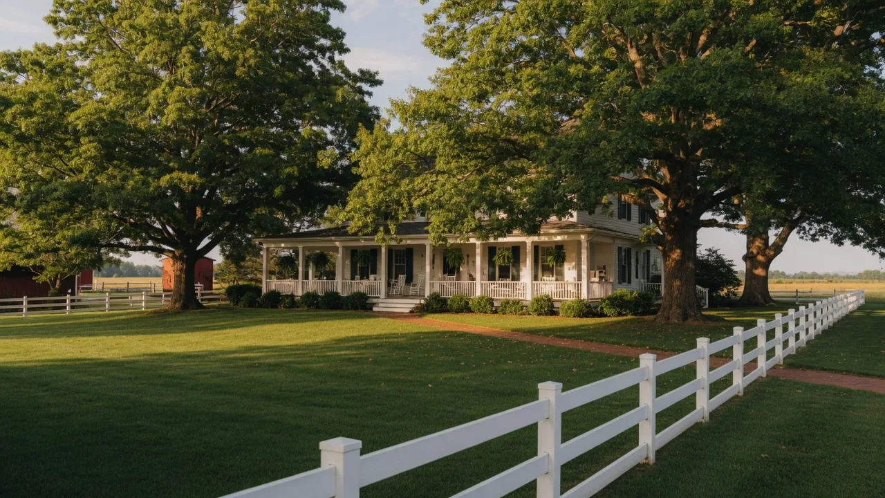 Colonial-style home in New Kent County on a warm summer afternoon with mature oak trees