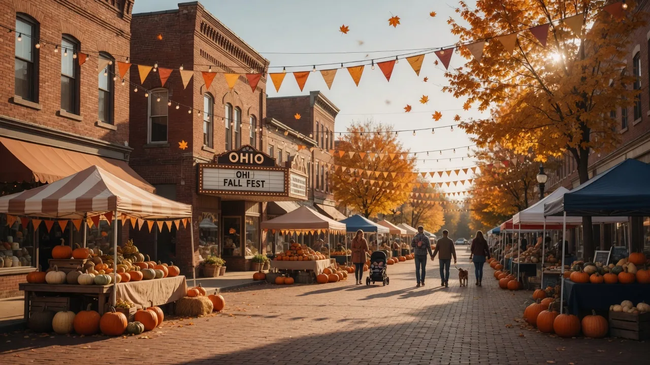 A warm early-October evening on a historic small-town Ohio Main Street with glowing string lights, vendor canopies and pumpkins along the brick sidewalks, and maples turning orange and gold