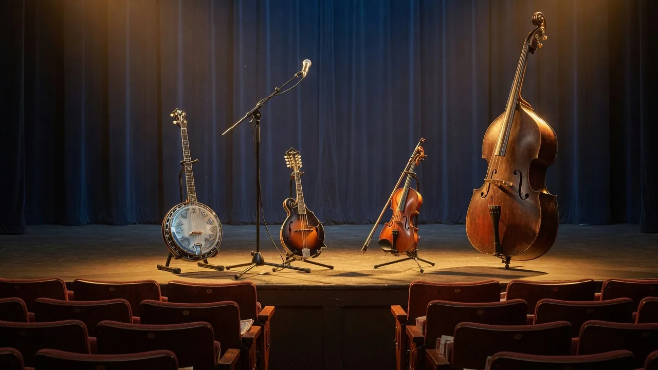 A bluegrass stage setup with a banjo, mandolin, fiddle, and upright bass on stands in warm golden stage light with a microphone at center