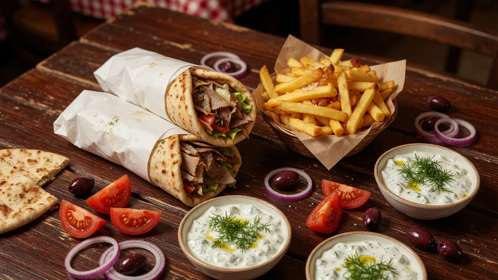 An overhead view of a Greek street food spread with wrapped gyro pitas, golden fries, and bowls of tzatziki on a dark wood table