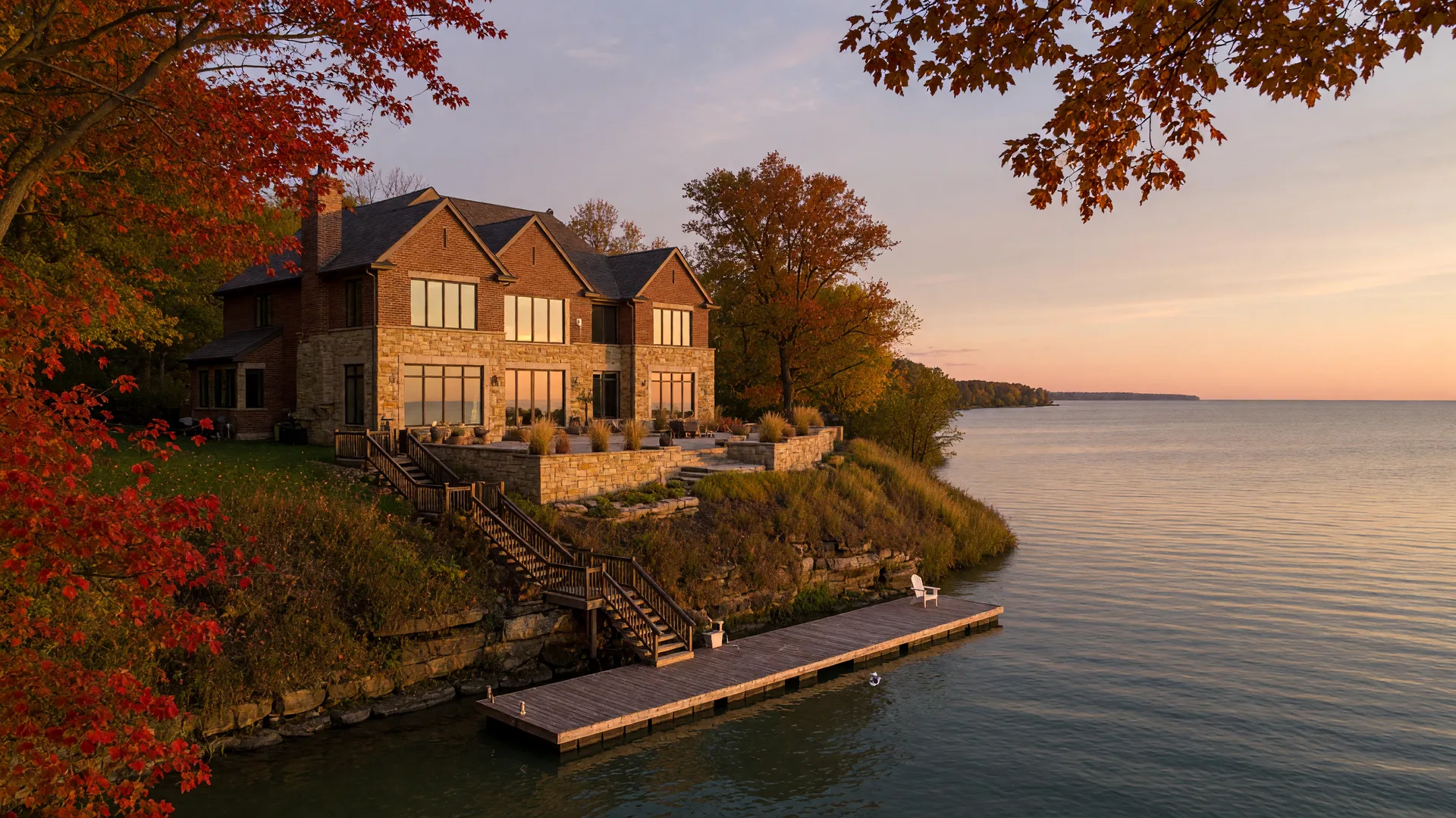 A luxury brick and stone lakefront home on a Lake Erie bluff in autumn, with a stairway down to a dock and golden light on the water