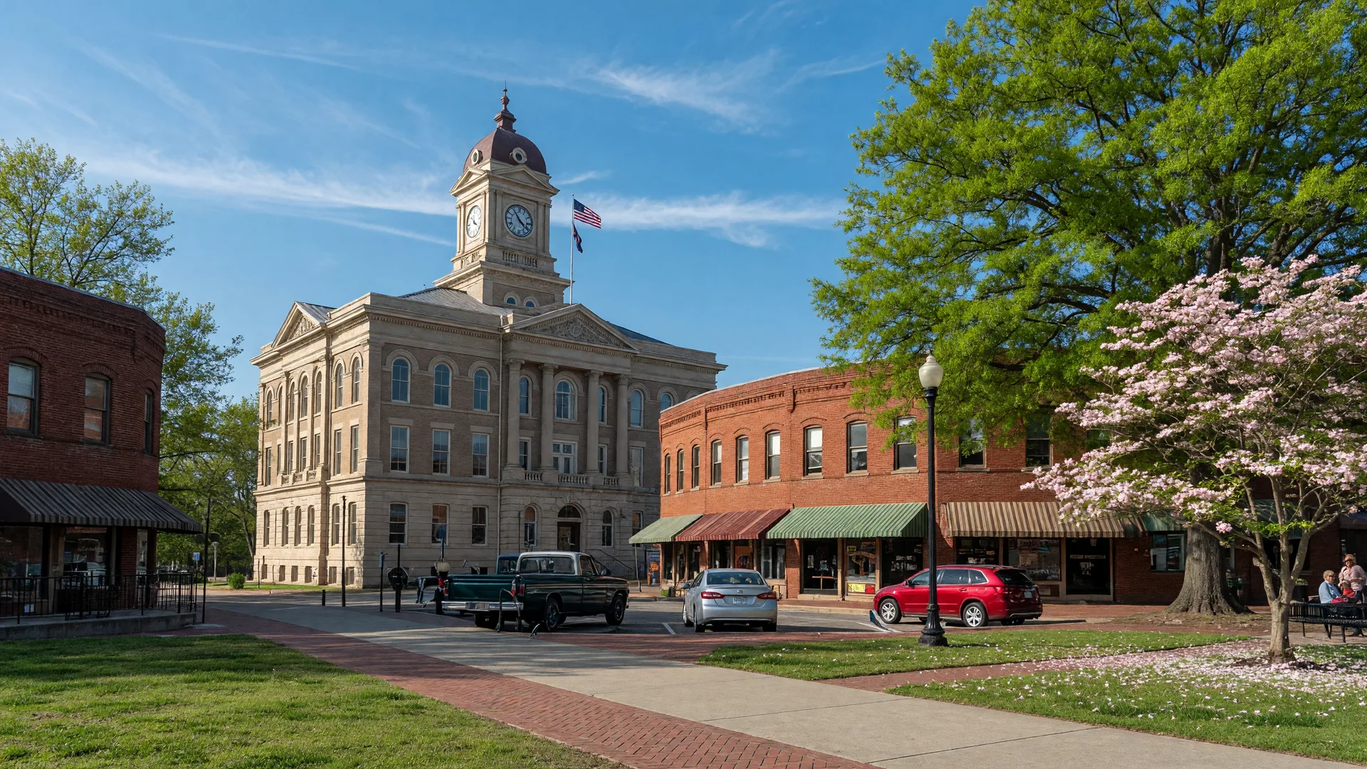 Historic Downtown Dallas, Georgia featuring the Paulding County courthouse and brick storefronts on a bright spring afternoon