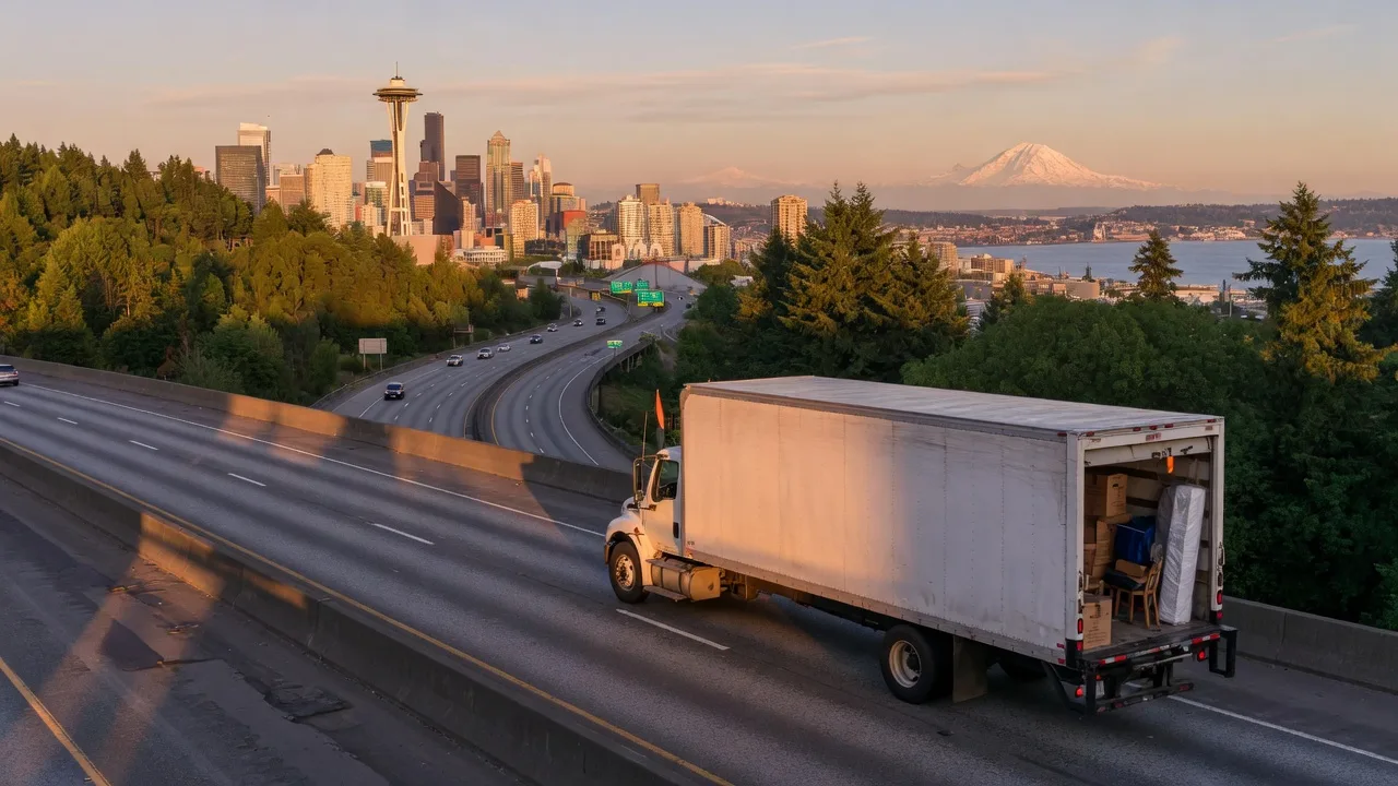 A loaded moving truck driving south on Interstate 5 out of Seattle at golden hour, the downtown Seattle skyline with the Space Needle and the edge of Puget Sound receding behind it