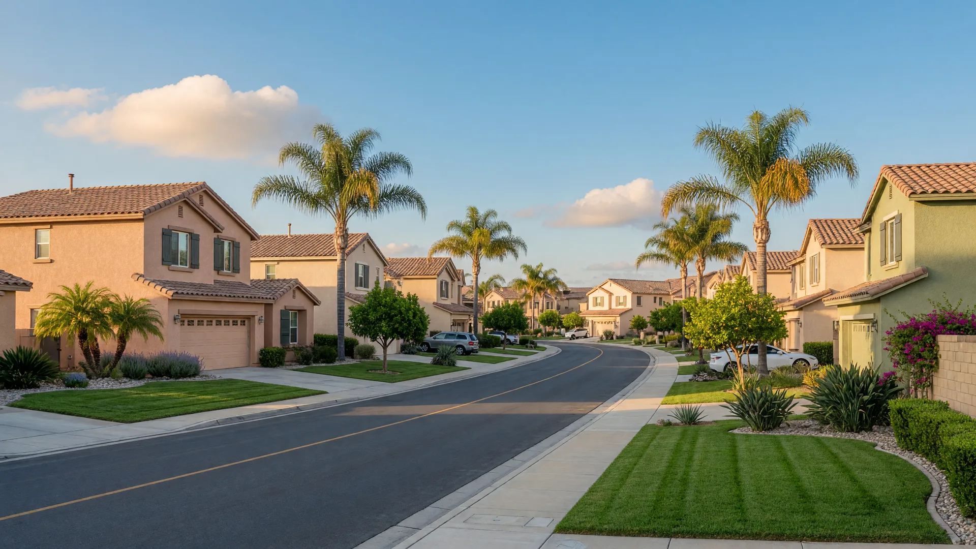 A sunlit Stevenson Ranch style suburban street lined with two-story stucco homes, tile roofs, and landscaped front lawns