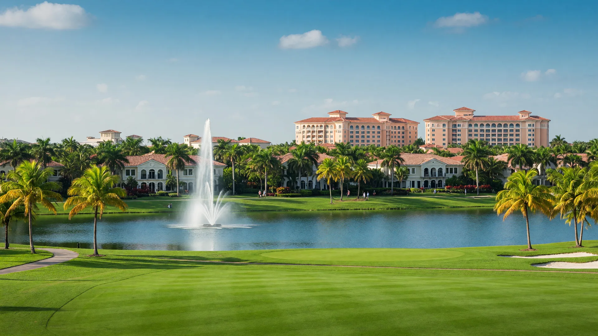 Manicured golf fairway, lake, and resort grounds in Doral, Florida