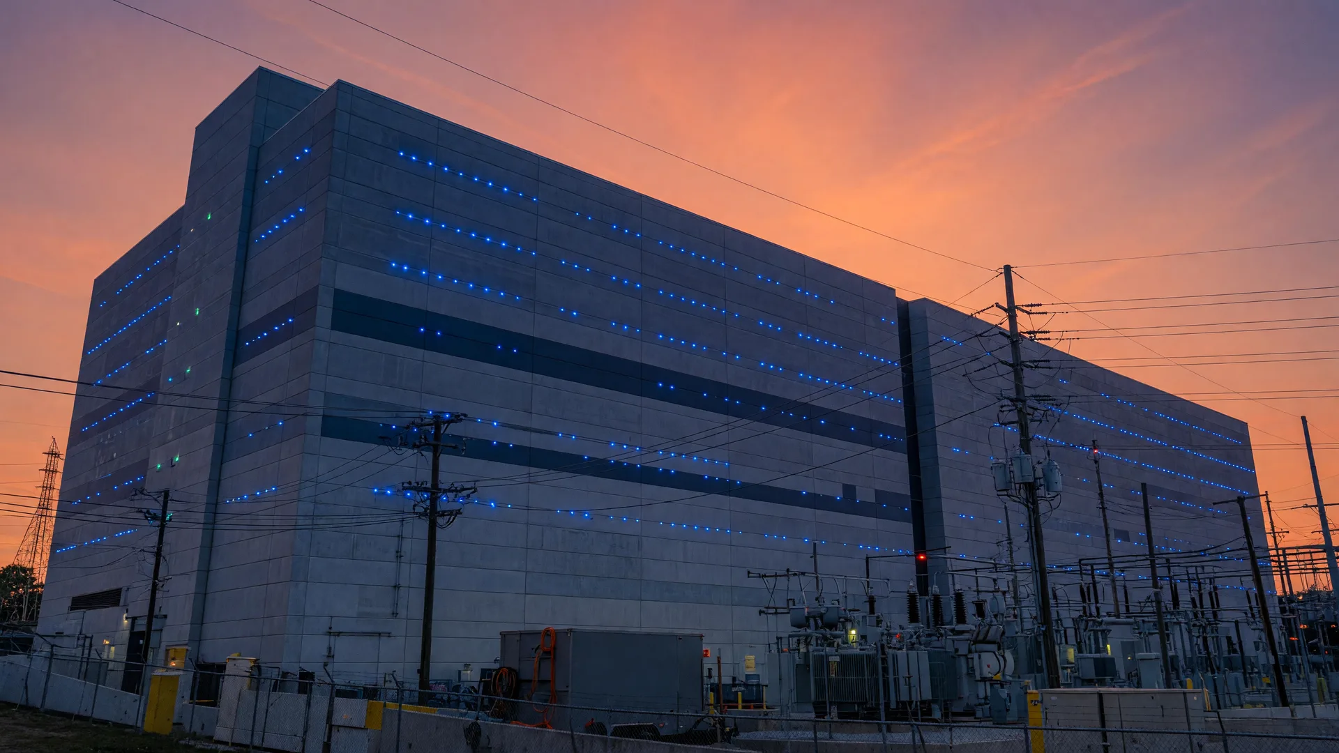 A modern data center facility in metro Atlanta at dusk with blue LED indicator lights and utility infrastructure visible