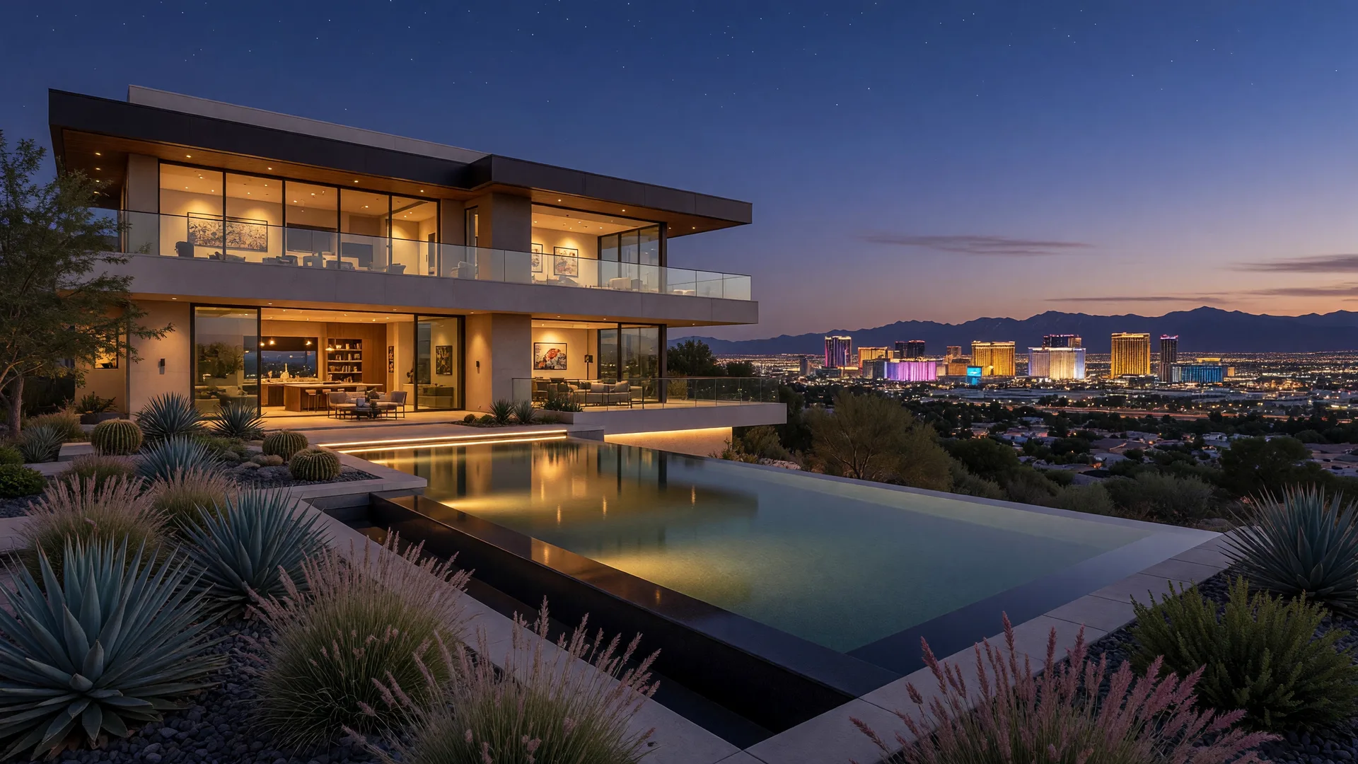 Contemporary desert luxury estate at dusk with pool and Strip views in The Summit Club, Summerlin