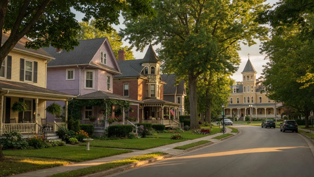 Tree-lined historic streets of Old Mentor Village with century-old homes and mature trees in warm late summer light