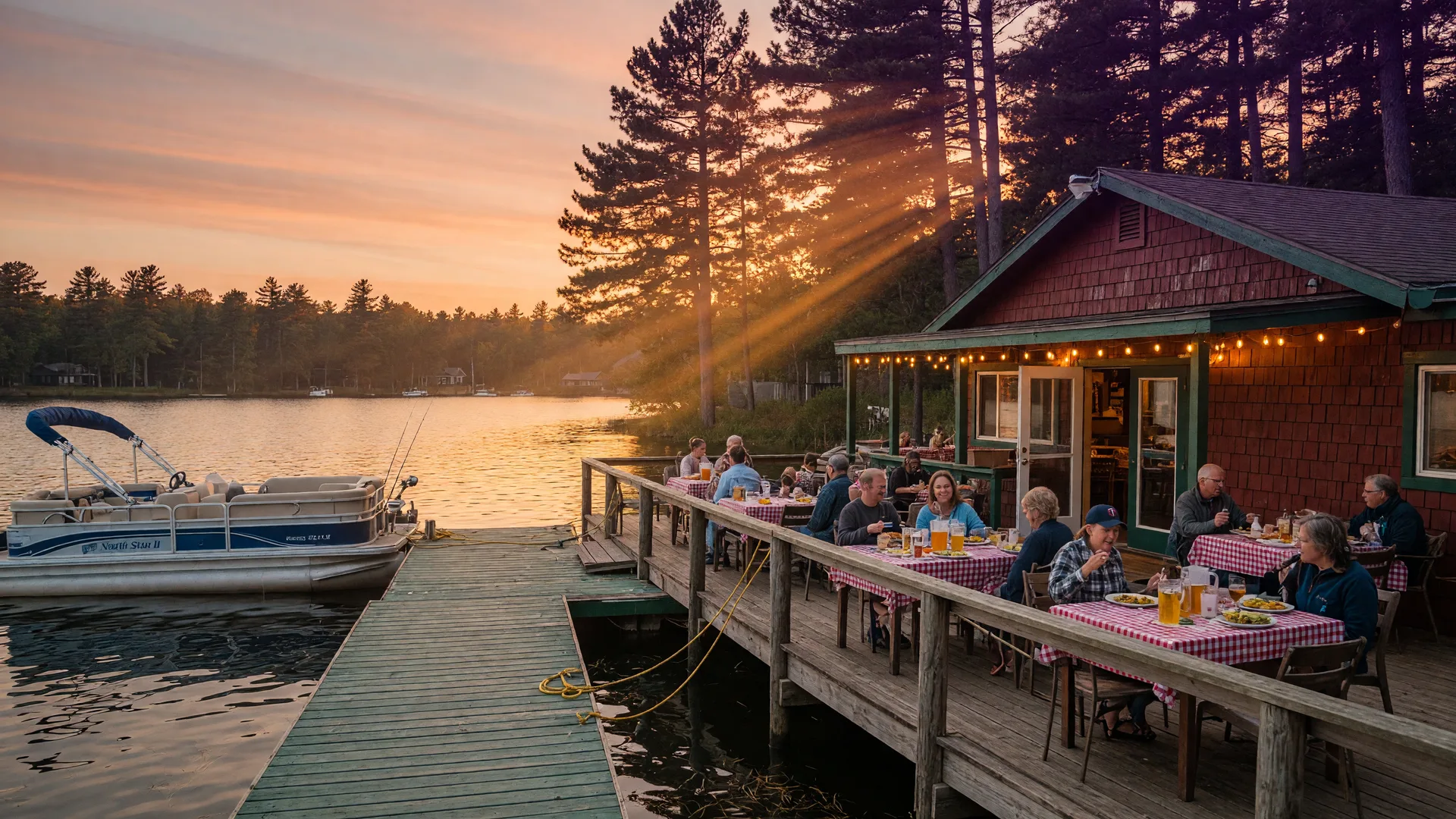 Lakeside restaurant scene at golden hour on the Whitefish Chain of Lakes with dock and patio dining