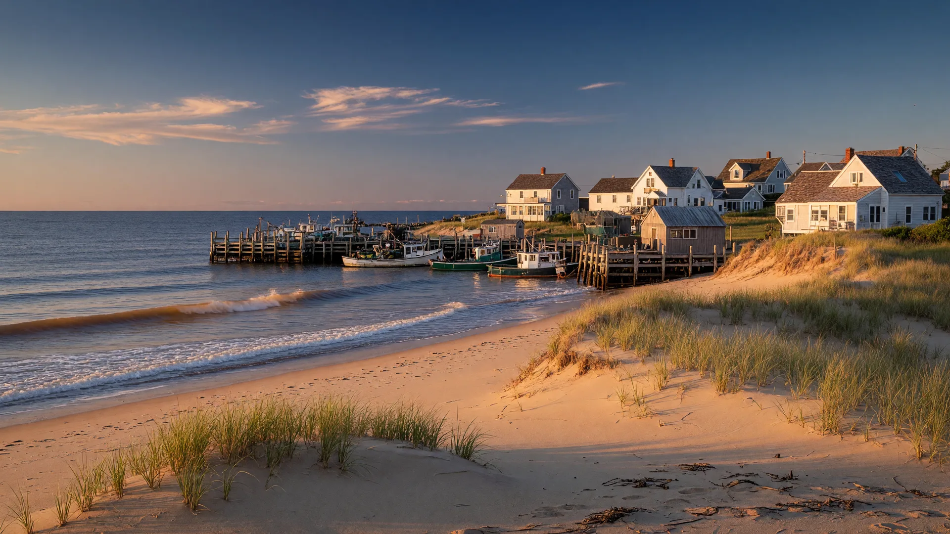 A calm golden-hour view of the Massachusetts North Shore coastline with a sandy beach, dunes, and a New England fishing harbor in the distance