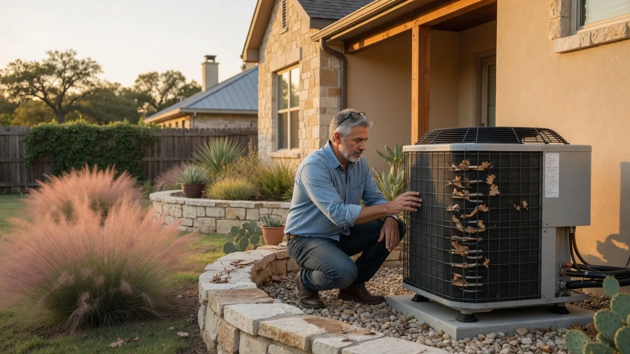 A homeowner inspecting an HVAC condenser coil outside a Texas Hill Country home
