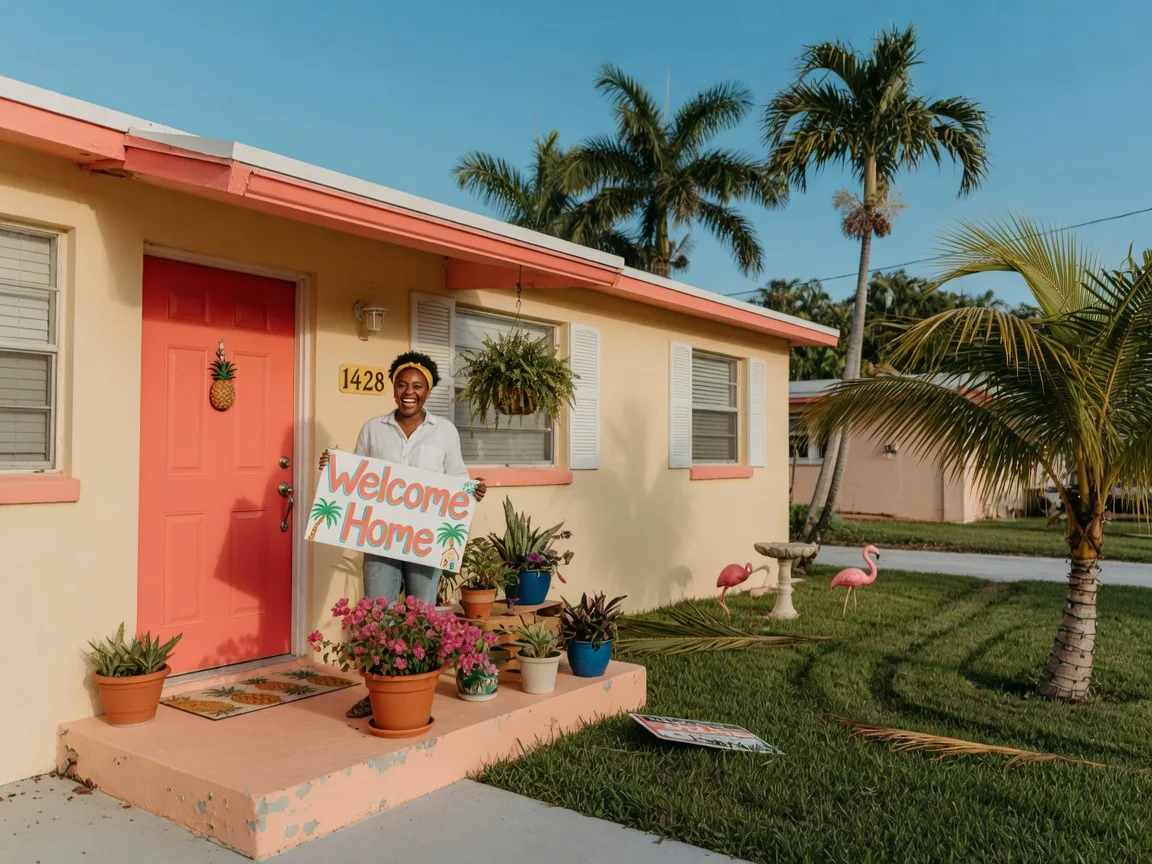 Happy first-time homeowner holding welcome home sign on porch of Florida house with palm trees