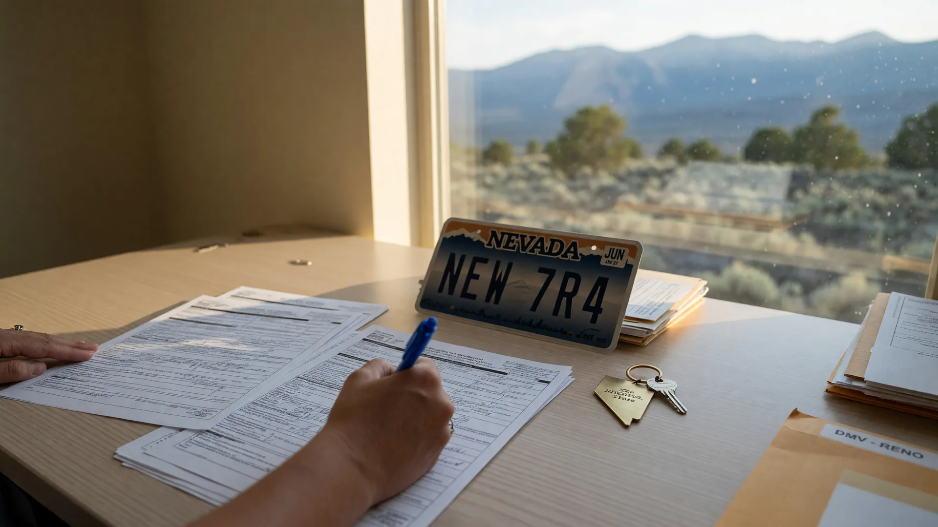A hand filling out Nevada DMV paperwork at a wooden desk, with a Nevada license plate and the Sierra foothills softly blurred outside the window.
