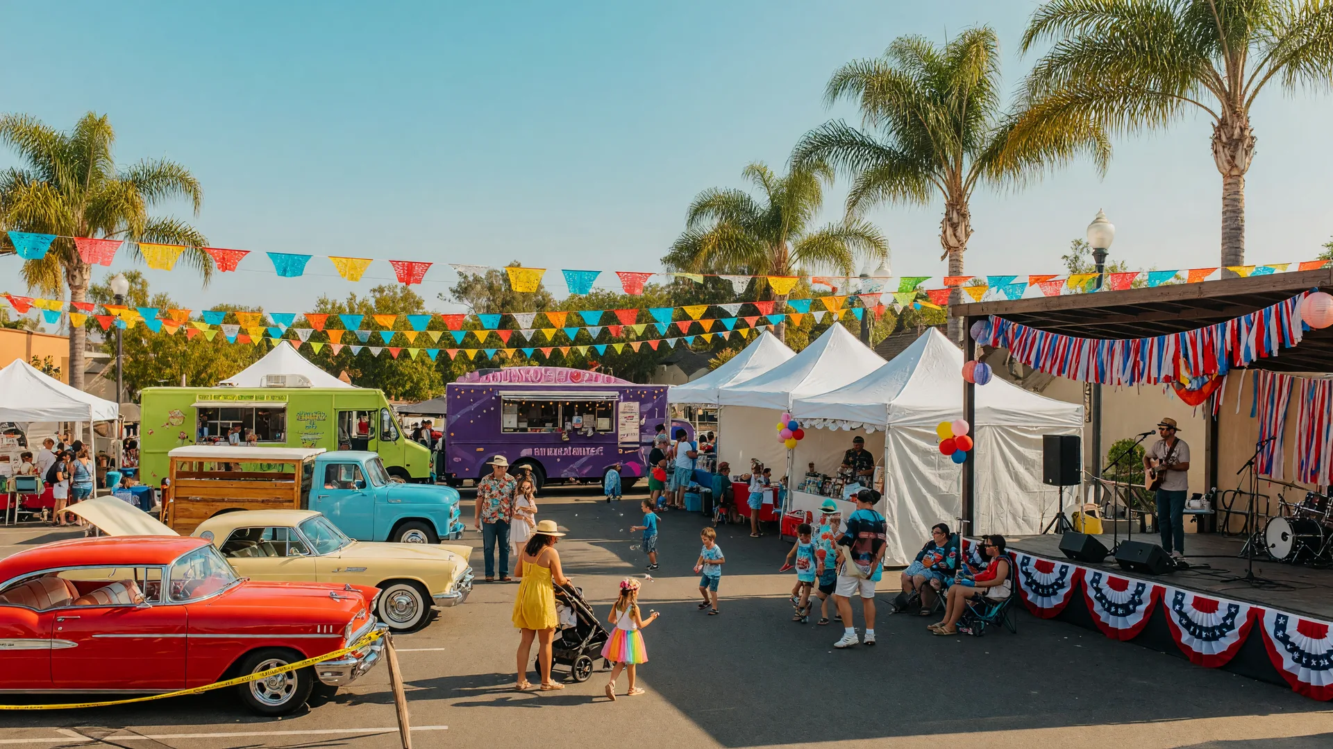 A sunny summer festival in a Southern California town square with classic cars, food trucks, festival tents, and a live music stage