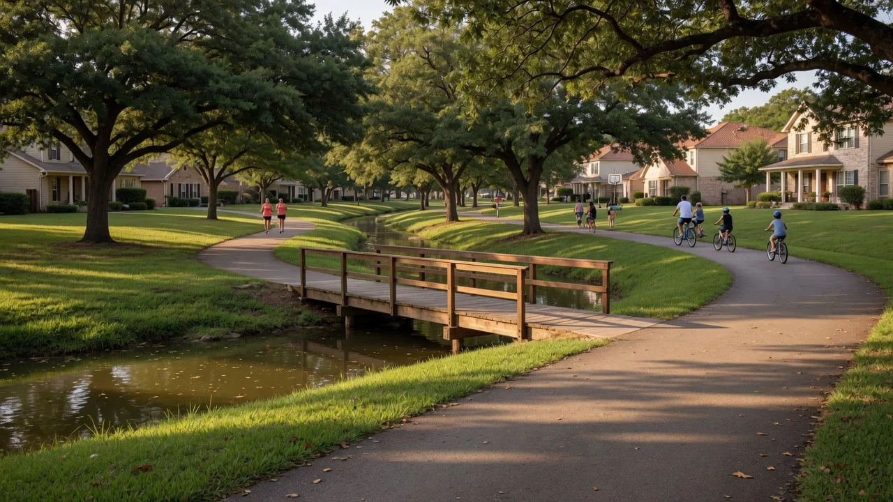 An illustrative view of a paved walking and biking trail winding through a tree-lined greenbelt in a Texas master-planned community at golden hour
