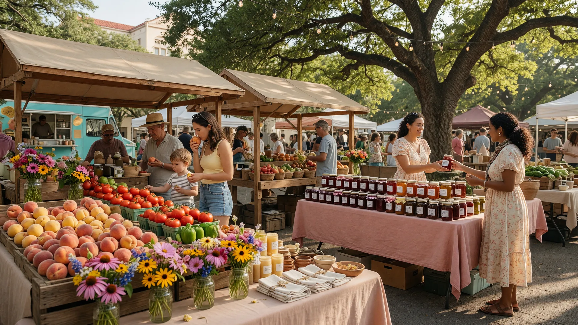 A Saturday-morning farmers market in San Antonio with stalls of produce and wildflower bouquets under live oaks