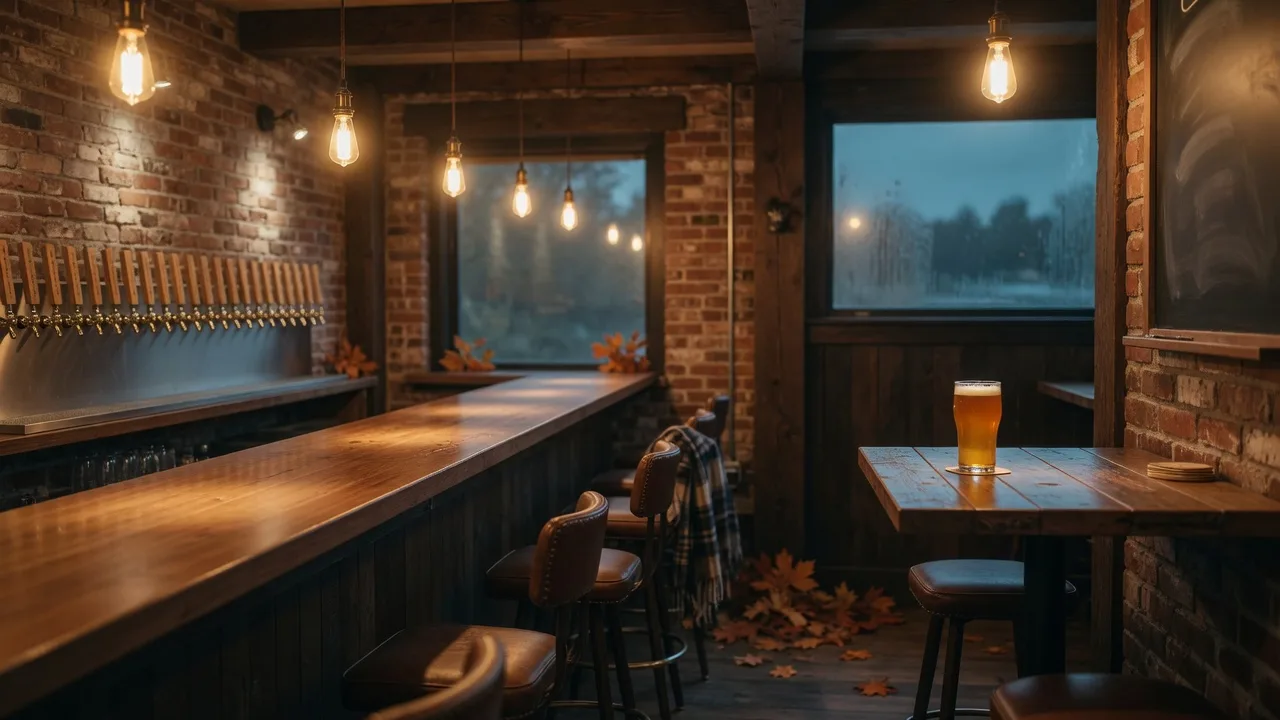 The warm interior of a neighborhood brewery taproom with a long wooden bar, brass taps, and glowing pendant lights