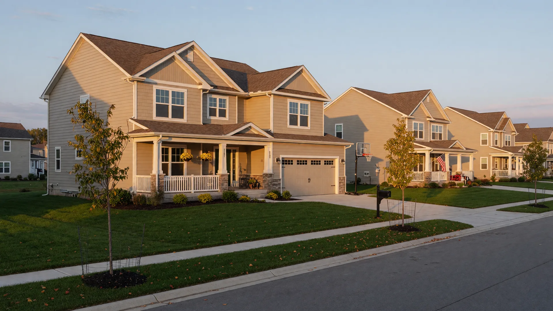 A two-story craftsman home with a covered front porch and attached garage on a quiet, tree-lined street in a newer Springboro, Ohio subdivision on a crisp autumn morning