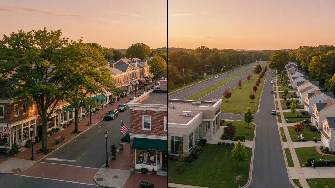 Split-screen comparison of historic tree-lined Moorestown Main Street and the contemporary suburban character of Cherry Hill