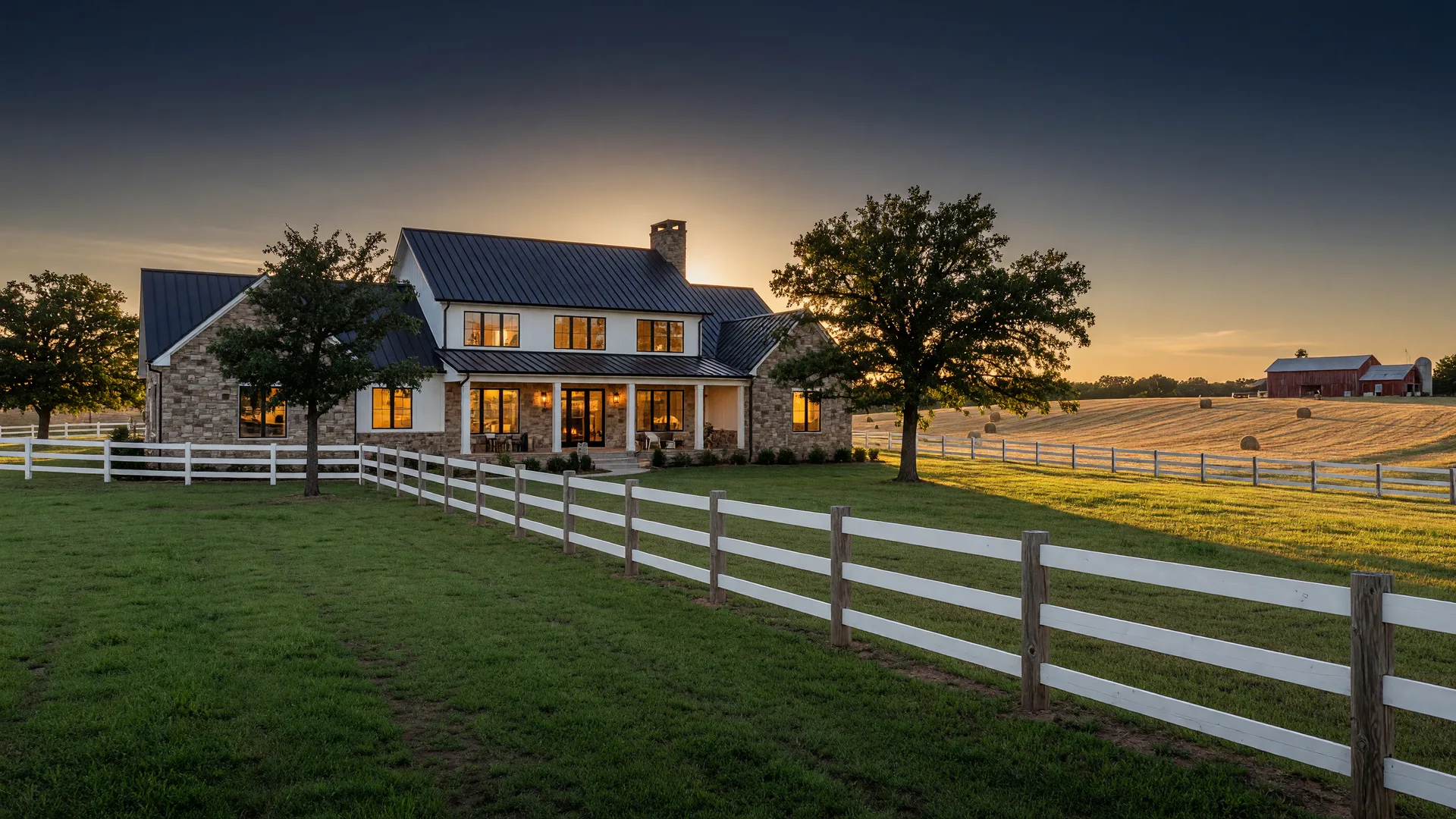 A modern farmhouse acreage home on a green pasture with white post-and-rail fencing at golden hour, warm lights glowing from the windows against a deep navy dusk sky