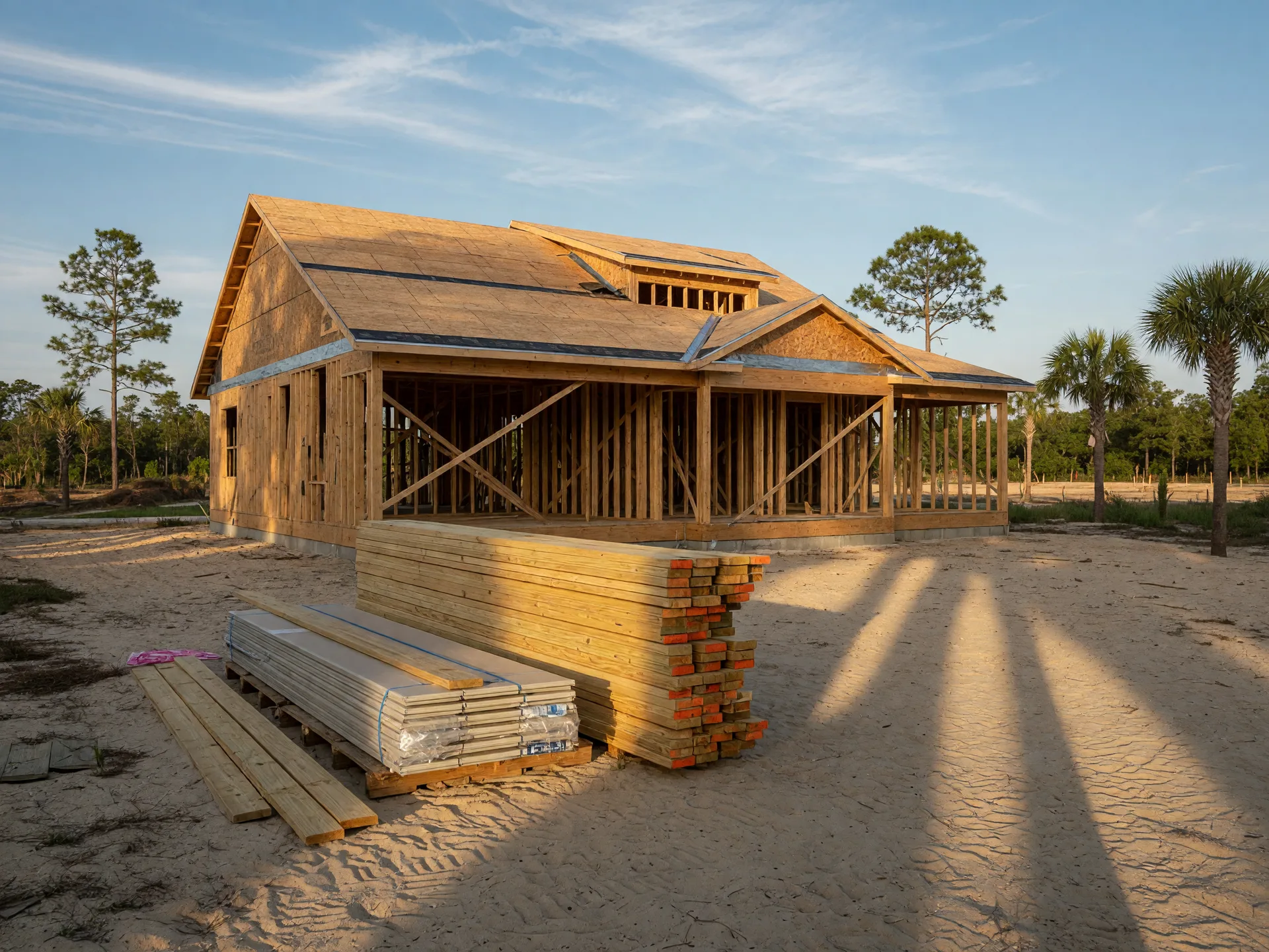 A new single-family home under construction in a Lowcountry master-planned community, with wood framing up and lumber stacked in the yard