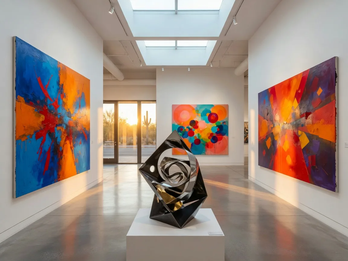 Bright contemporary art gallery in Scottsdale's arts district with large paintings