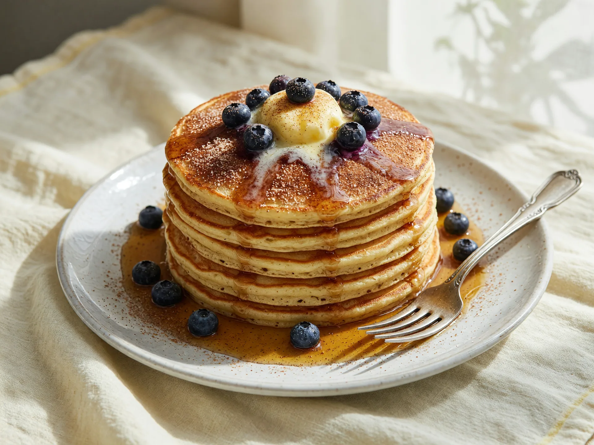 The signature oversized blueberry pancake stack at Oy! in Buford Georgia, dusted with cinnamon sugar with melting butter and maple syrup