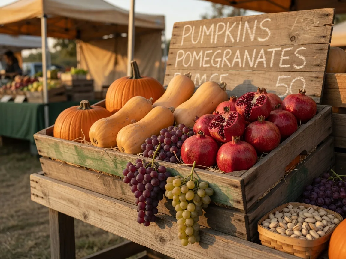 A close-up of a farmers market crate in the Central Valley in October, orange pumpkins and butternut squash, deep red pomegranates, bunches of table grapes, and a small basket of pistachios, with a wooden price board softly blurred behind