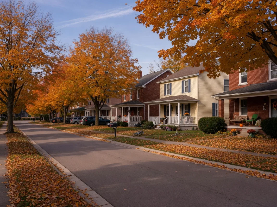A quiet residential street in Medina with mature maple trees in orange and gold autumn color