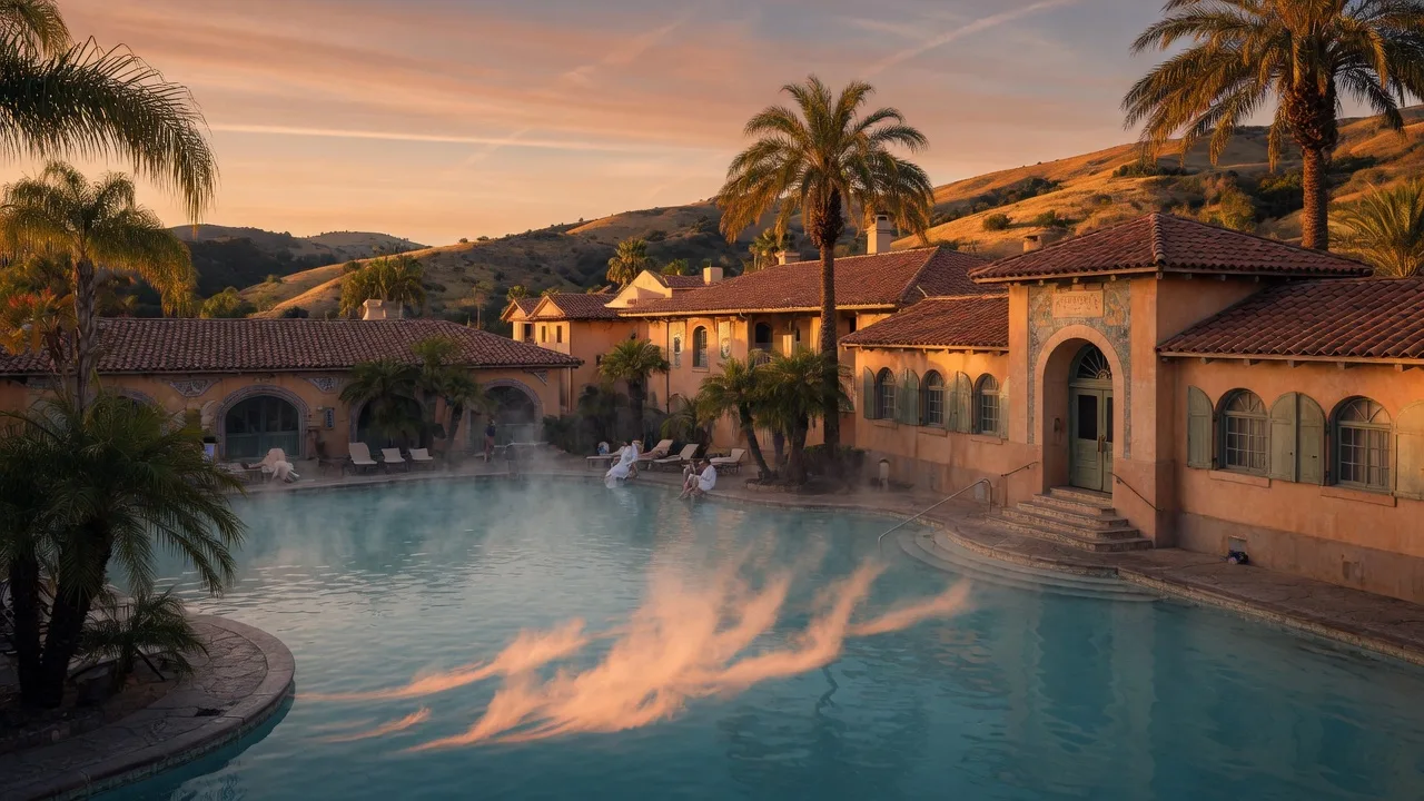 Steam rising off a turquoise geothermal mineral pool at the historic Murrieta Hot Springs Resort at golden hour, with terracotta-roofed buildings and palm trees