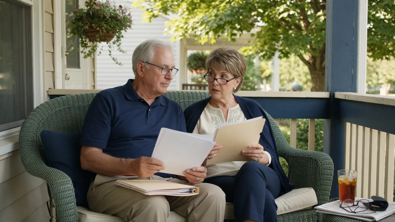 A couple in their 60s and 70s sitting on a sunlit porch reviewing documents together