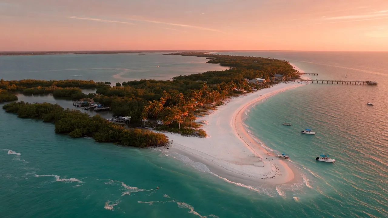 Aerial golden-hour view of the Southwest Florida Gulf coast with turquoise water, a white sand barrier island, and mangroves
