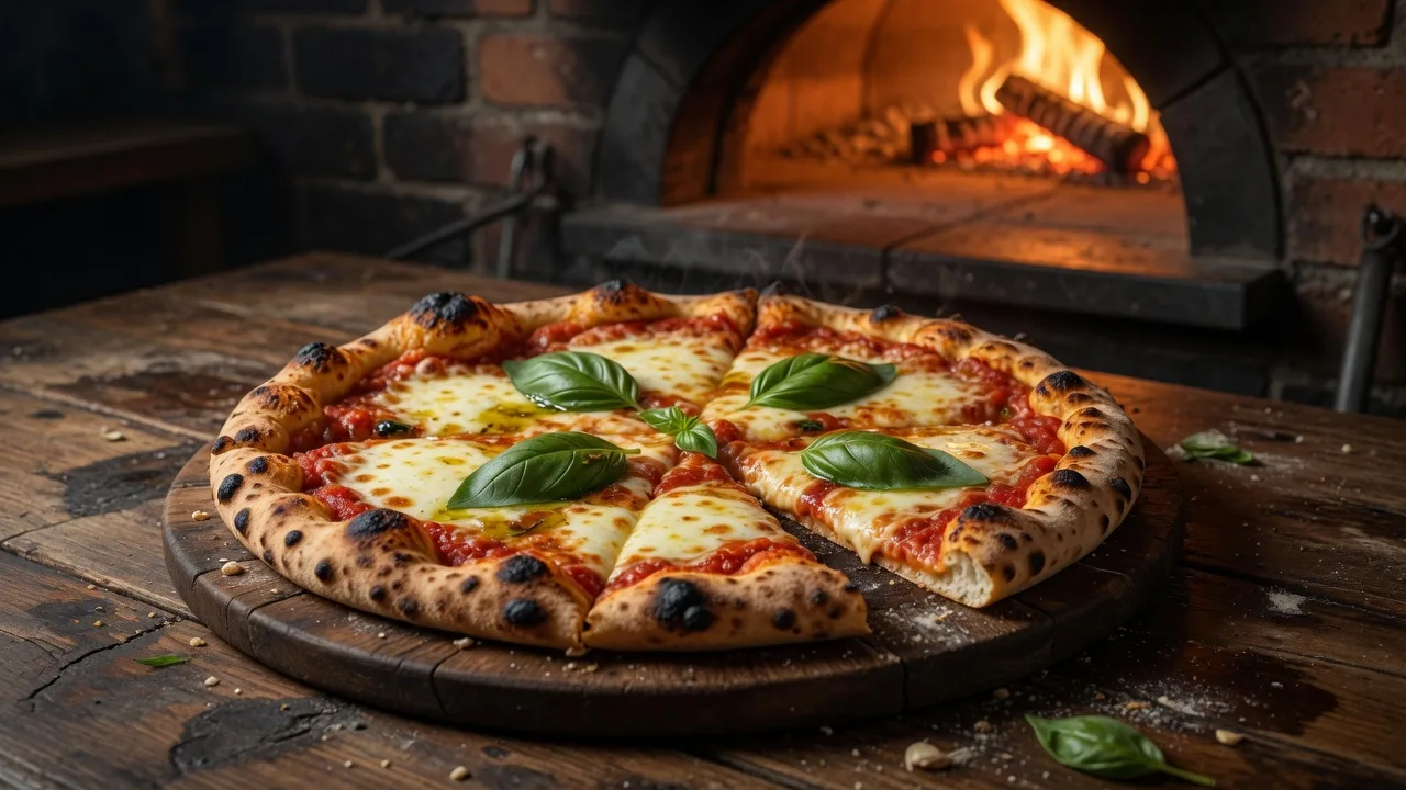 A wood-fired pizza with charred crust, melted mozzarella, and fresh basil on a dark wooden board