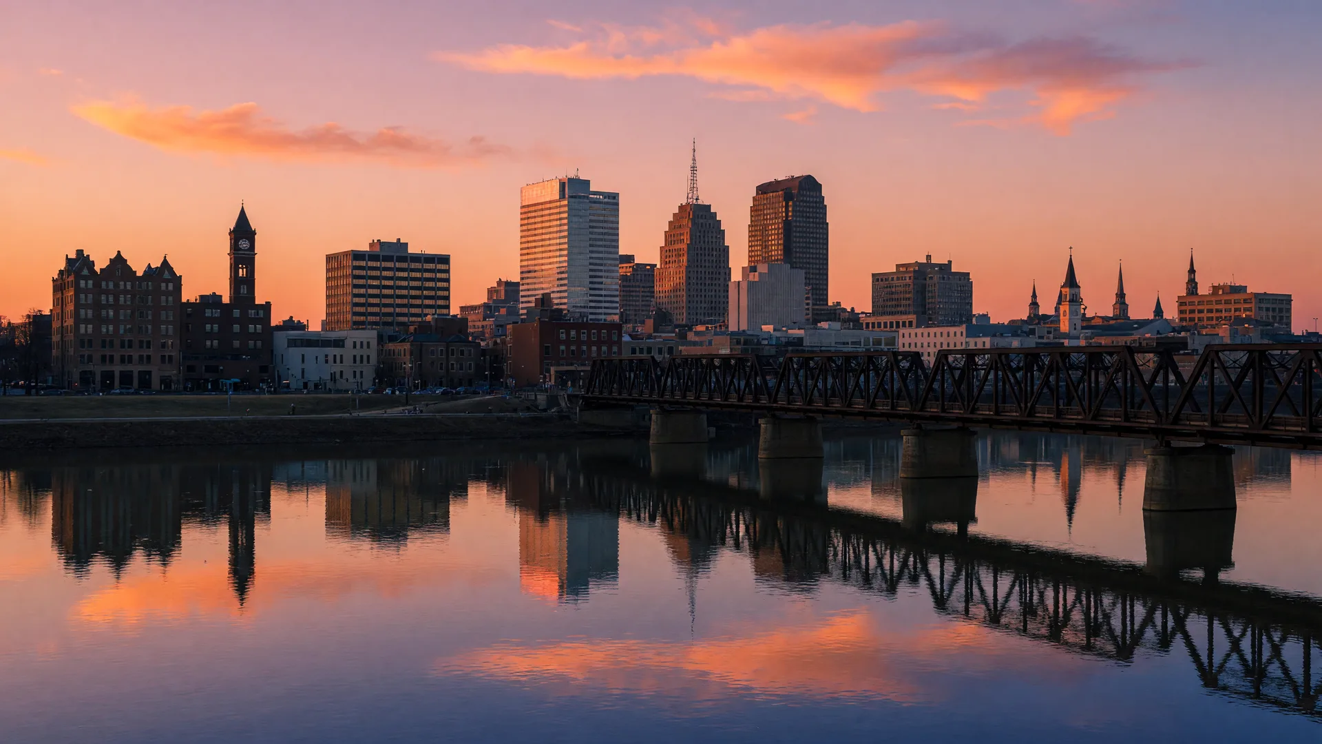 The Dayton Ohio skyline at golden hour viewed across the Great Miami River with warm sunset colors reflecting on the water